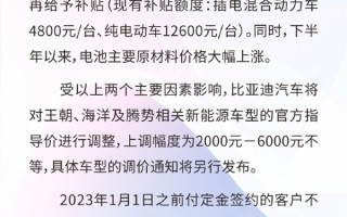 比亚迪发布车型价格调整说明：上涨2000-6000元不等
