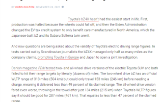 标504跑246公里 老外实测丰田首款电车bZ4X续航：直接打对折