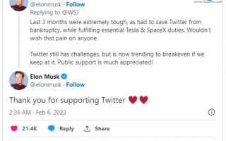 马斯克称在濒临破产后，推特正趋于收支平衡