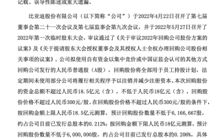 比亚迪豪横！开始回购18亿元公司股票 0元送给员工